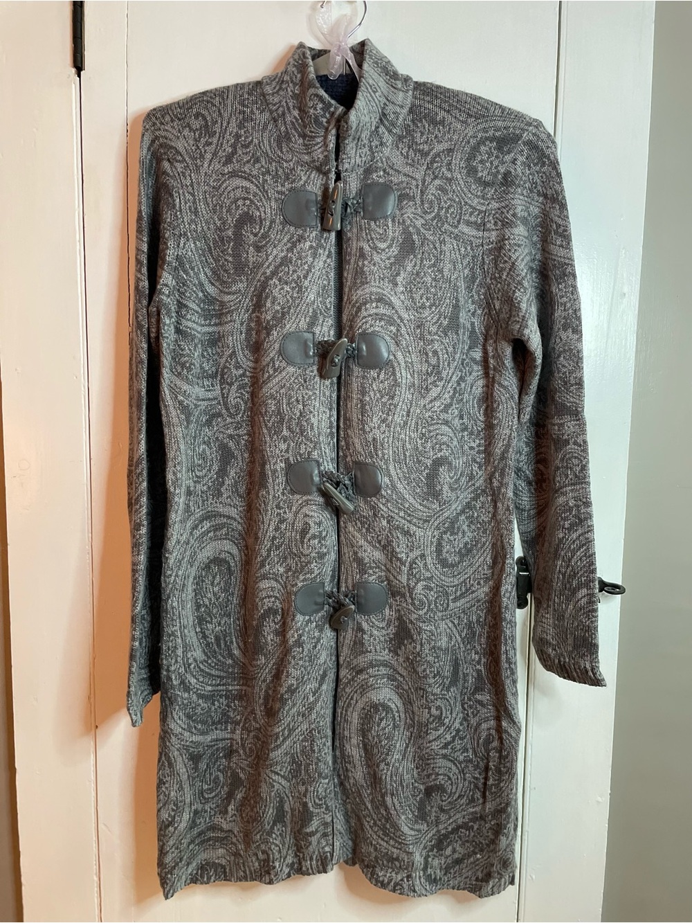 Wool Blend Gray Paisley Toggle Cardigan Long Length Coat New With Tags Size M